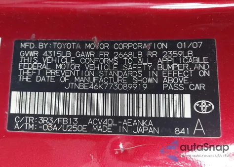 2007 Toyota Camry Ce/Le/Se/Xle from USA, damaged, VIN JTNBE46K773089919